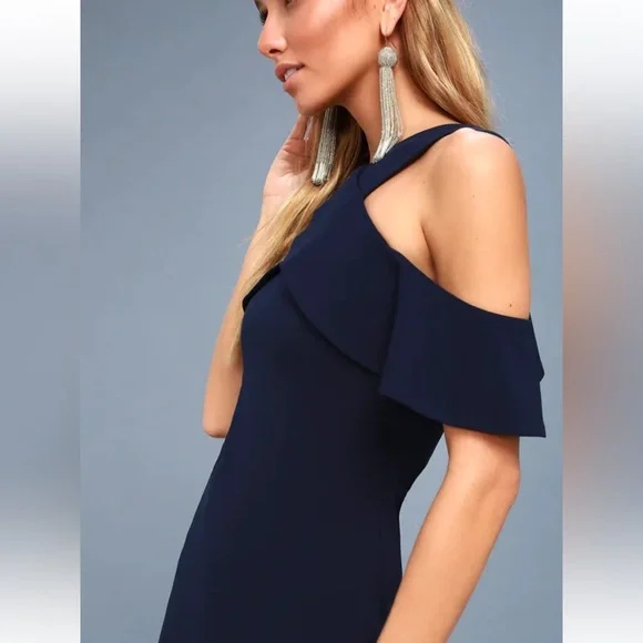 Lulus Cityscape Navy Blue Bodycon Dress Sz M Halter Off The Shoulder Sleeves NWT - Picture 10 of 10